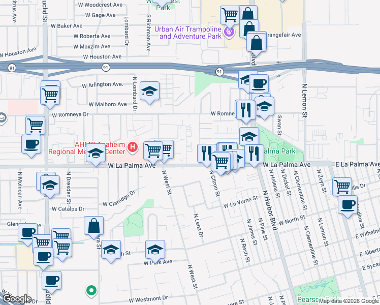 map of restaurants, bars, coffee shops, grocery stores, and more near 925 West La Palma Avenue in Anaheim