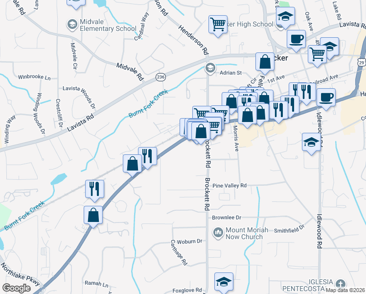 map of restaurants, bars, coffee shops, grocery stores, and more near 3807 Lawrenceville Highway in Tucker
