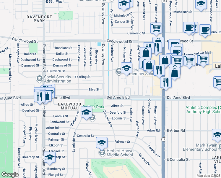 map of restaurants, bars, coffee shops, grocery stores, and more near 4927 Verdura Avenue in Lakewood
