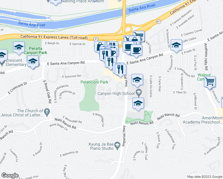 map of restaurants, bars, coffee shops, grocery stores, and more near 5548 East Vista Del Este in Anaheim