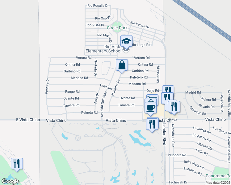 map of restaurants, bars, coffee shops, grocery stores, and more near 67640 Ovante Road in Cathedral City