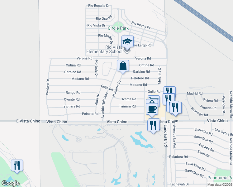 map of restaurants, bars, coffee shops, grocery stores, and more near 67625 Quijo Road in Cathedral City