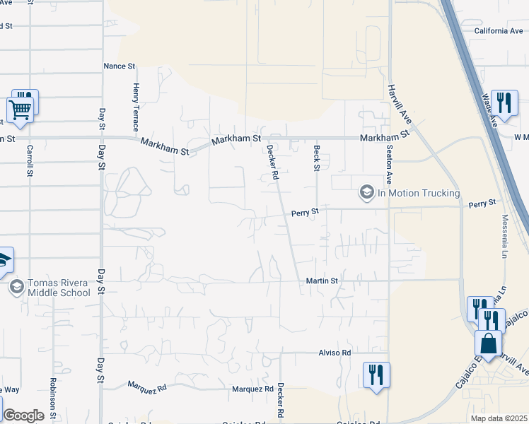 map of restaurants, bars, coffee shops, grocery stores, and more near 18711 Decker Road in Perris