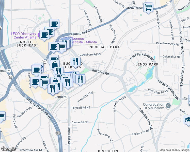 map of restaurants, bars, coffee shops, grocery stores, and more near 961 East Paces Ferry Road Northeast in Atlanta