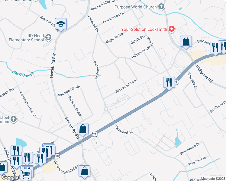 map of restaurants, bars, coffee shops, grocery stores, and more near 3532 Birchwood Trail in Snellville