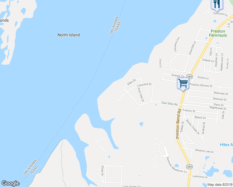 map of restaurants, bars, coffee shops, grocery stores, and more near 401 Crescent Drive in Pottsboro