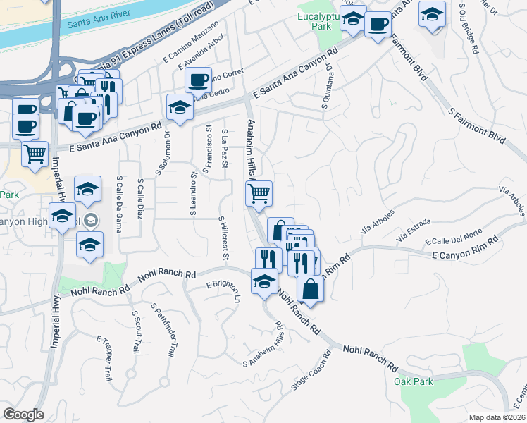 map of restaurants, bars, coffee shops, grocery stores, and more near 340 South San Vicente Lane in Anaheim