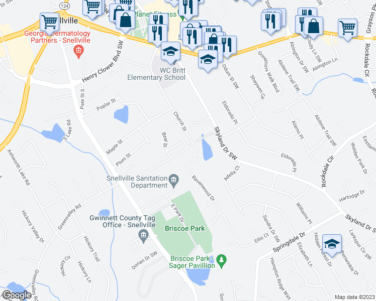 map of restaurants, bars, coffee shops, grocery stores, and more near 2420 Freemont Street in Snellville