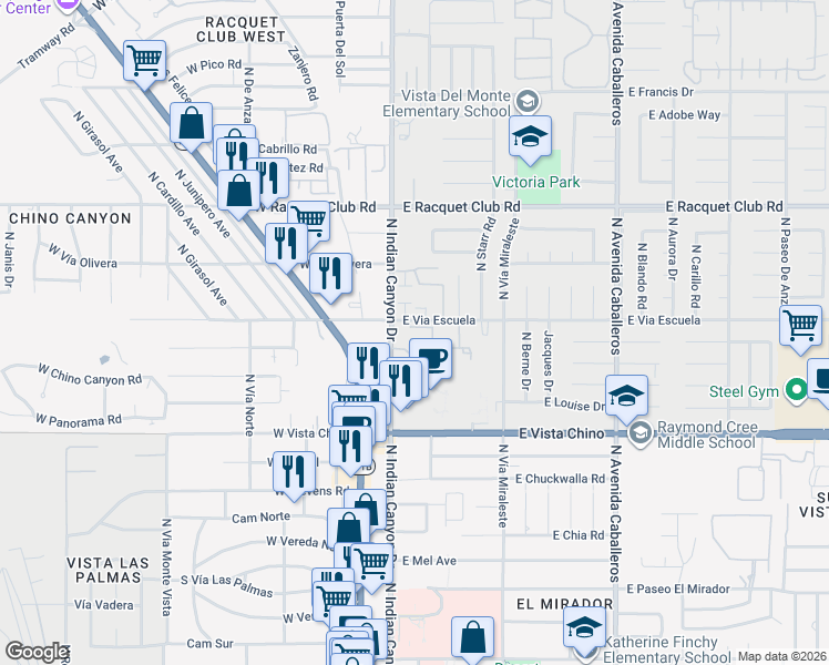 map of restaurants, bars, coffee shops, grocery stores, and more near 2001 North Indian Canyon Drive in Palm Springs