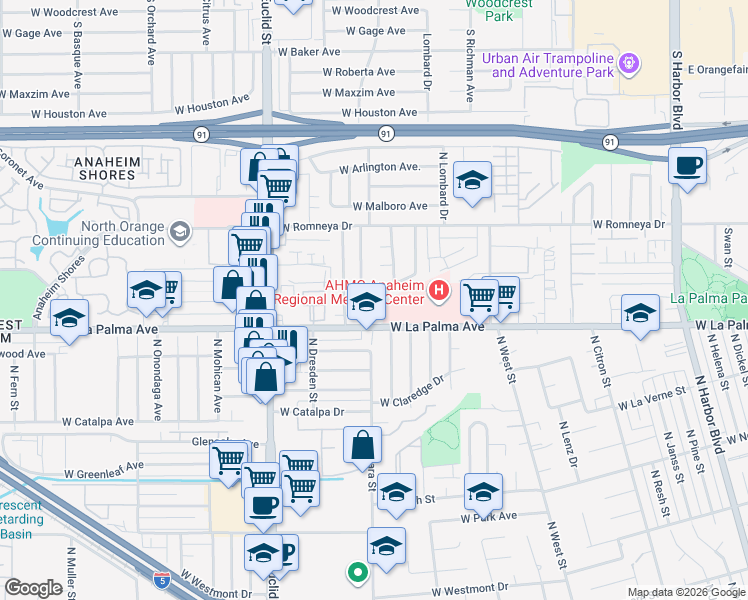 map of restaurants, bars, coffee shops, grocery stores, and more near 1409 West La Palma Avenue in Anaheim