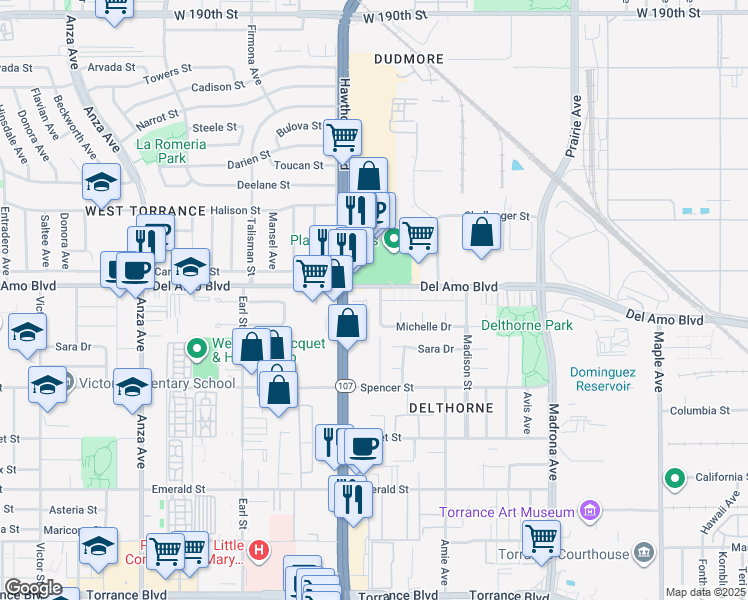 map of restaurants, bars, coffee shops, grocery stores, and more near 20344 Hawthorne Boulevard in Torrance
