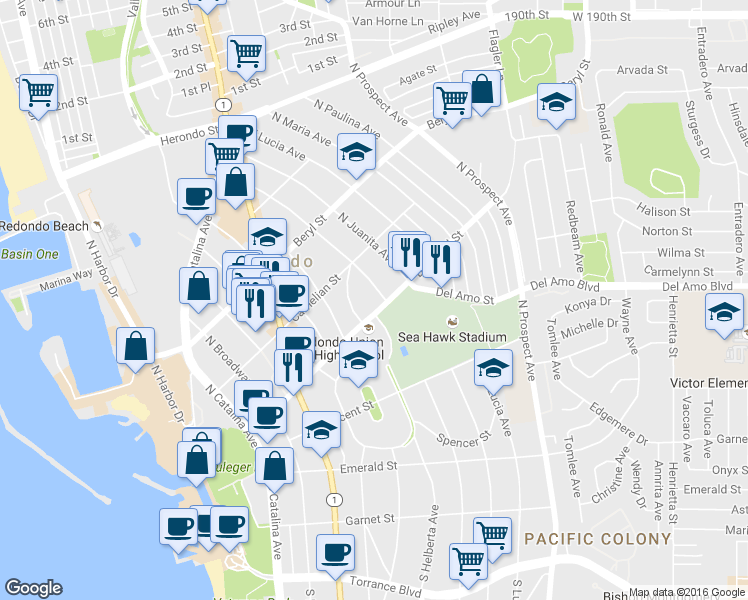 map of restaurants, bars, coffee shops, grocery stores, and more near 502 North Helberta Avenue in Redondo Beach