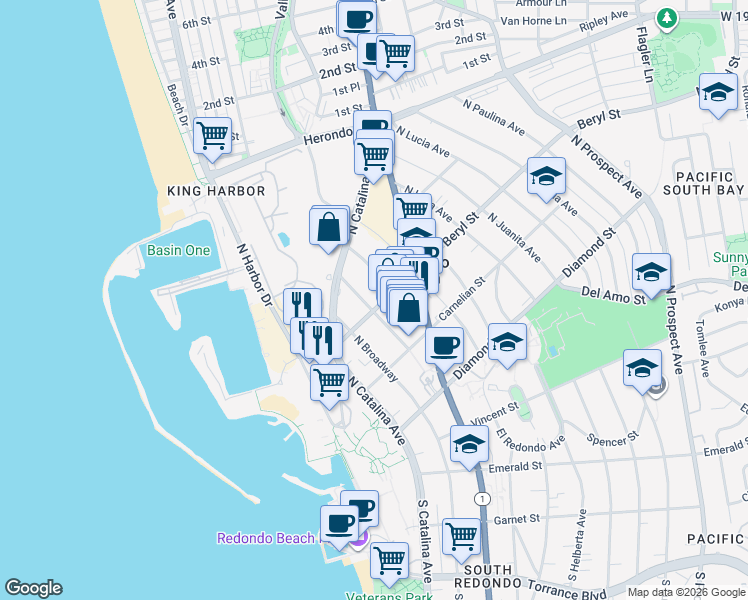 map of restaurants, bars, coffee shops, grocery stores, and more near 220 Beryl Street in Redondo Beach