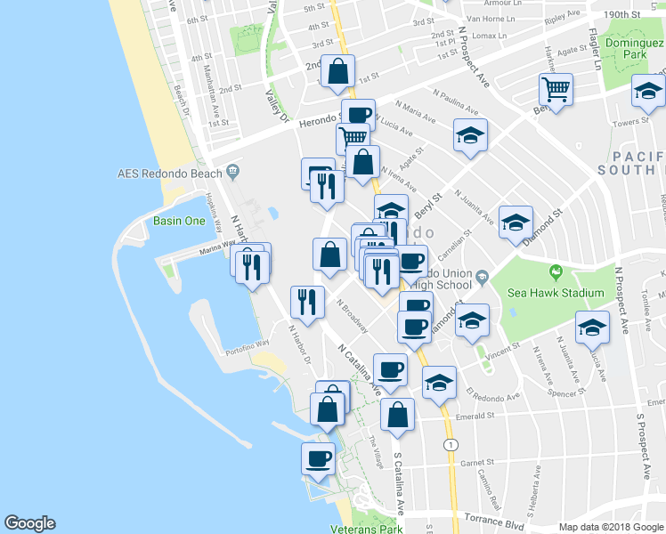 map of restaurants, bars, coffee shops, grocery stores, and more near 516 North Broadway in Redondo Beach