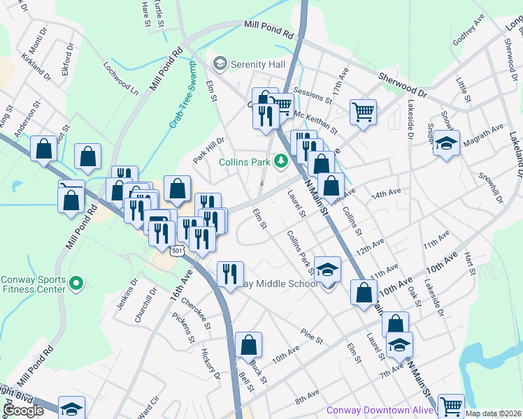 map of restaurants, bars, coffee shops, grocery stores, and more near 1509 Elm Street in Conway