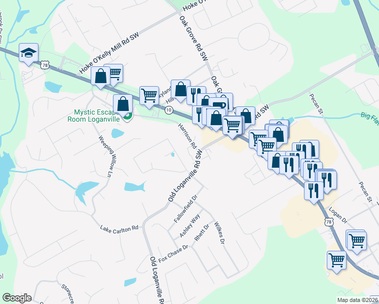 map of restaurants, bars, coffee shops, grocery stores, and more near 215 Old Loganville Road Southwest in Loganville