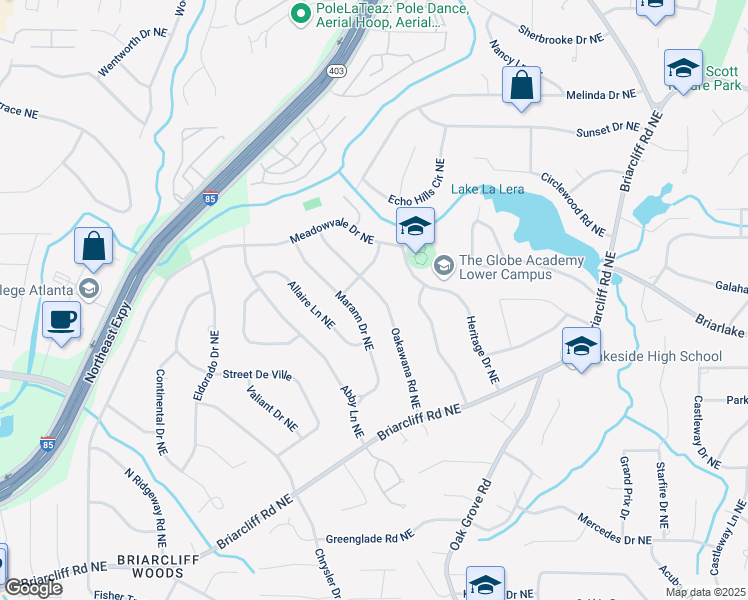 map of restaurants, bars, coffee shops, grocery stores, and more near 2198 Oakawana Road Northeast in Atlanta