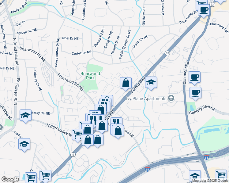 map of restaurants, bars, coffee shops, grocery stores, and more near 3460 Georgia 13 in Atlanta