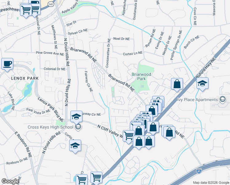 map of restaurants, bars, coffee shops, grocery stores, and more near 2078 Cobblestone Circle Northeast in Atlanta