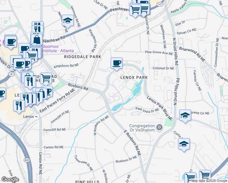 map of restaurants, bars, coffee shops, grocery stores, and more near 6113 Lenox Park Circle Northeast in Atlanta