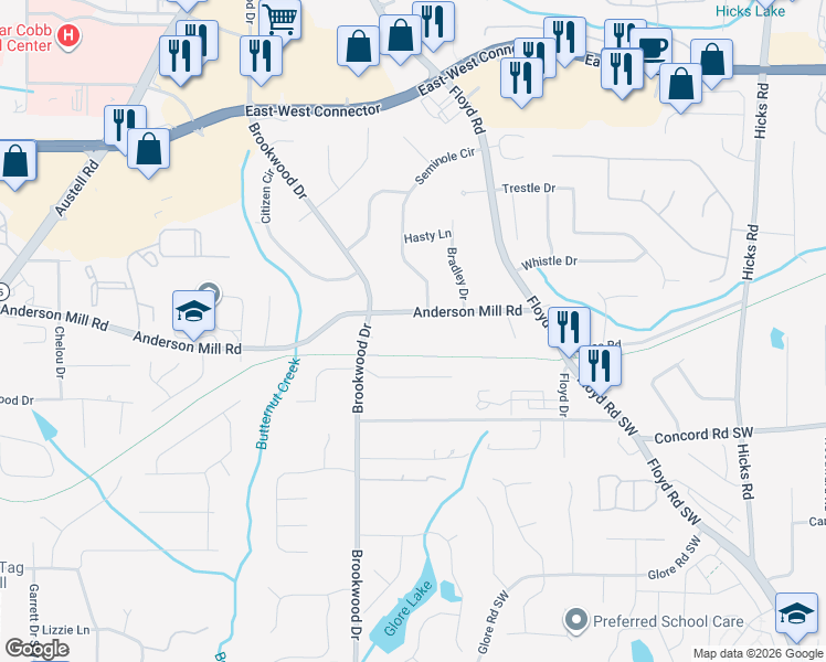 map of restaurants, bars, coffee shops, grocery stores, and more near 1221 Anderson Mill Road in Austell