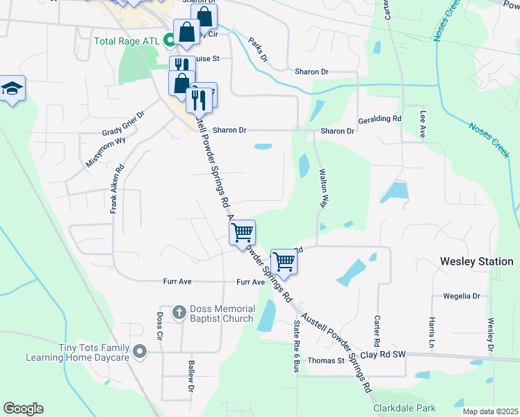 map of restaurants, bars, coffee shops, grocery stores, and more near 4361 Stanley Drive in Powder Springs