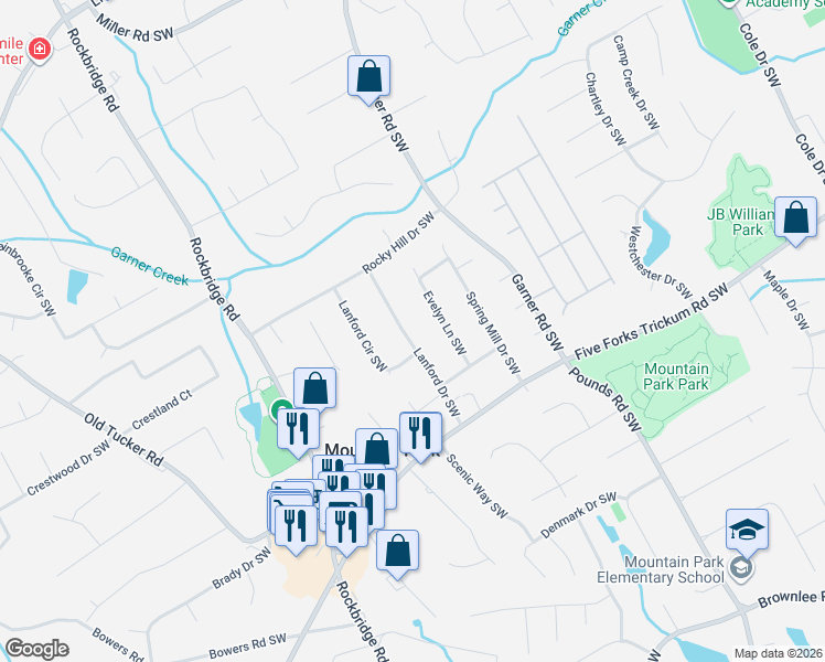 map of restaurants, bars, coffee shops, grocery stores, and more near 1126 Lanford Drive Southwest in Lilburn