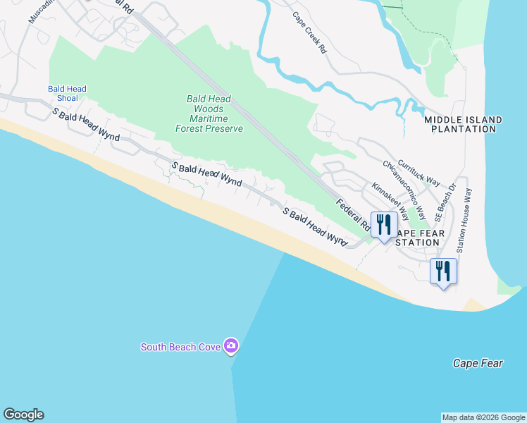 map of restaurants, bars, coffee shops, grocery stores, and more near 968 South Bald Head Wynd in Bald Head Island