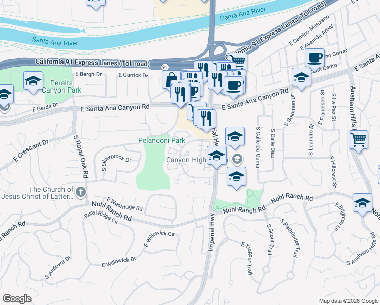 map of restaurants, bars, coffee shops, grocery stores, and more near 5548 East Vista Del Este in Anaheim