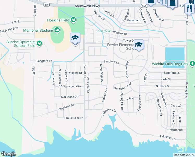 map of restaurants, bars, coffee shops, grocery stores, and more near 11 Tumbleweed Court in Wichita Falls