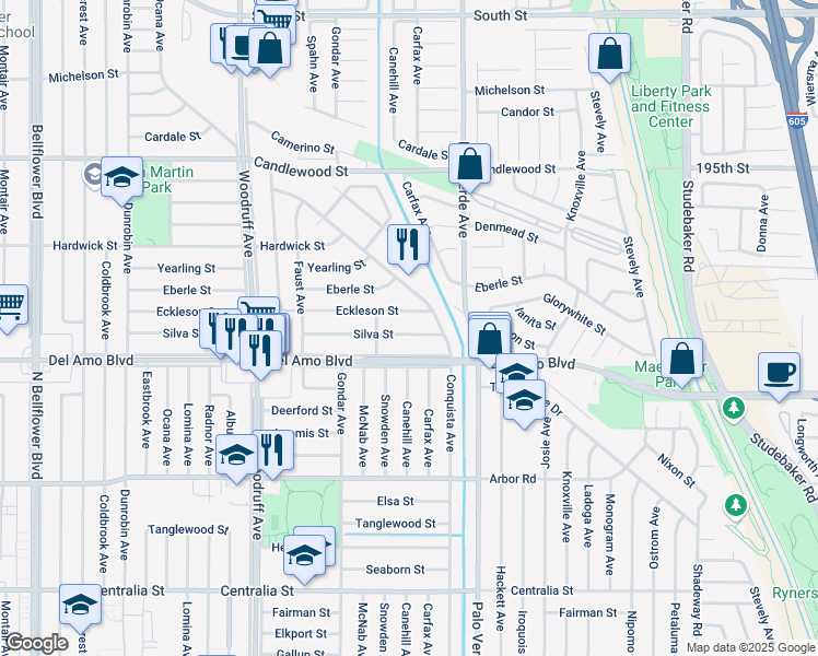 map of restaurants, bars, coffee shops, grocery stores, and more near 6251 Del Amo Boulevard in Lakewood