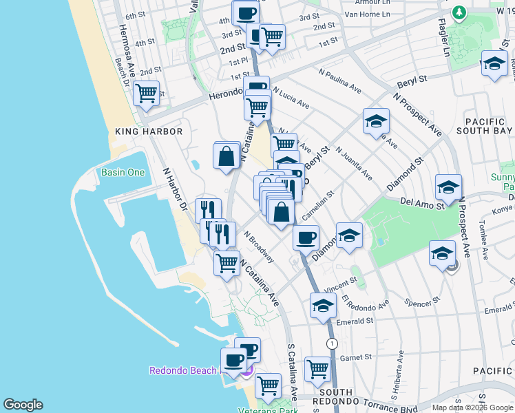 map of restaurants, bars, coffee shops, grocery stores, and more near 502 North Elena Avenue in Redondo Beach