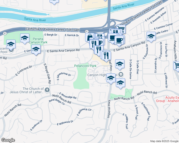map of restaurants, bars, coffee shops, grocery stores, and more near 5594 East Vista Del Dia in Anaheim