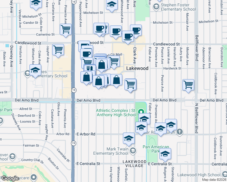 map of restaurants, bars, coffee shops, grocery stores, and more near 4901 Faculty Avenue in Lakewood