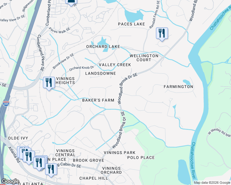 map of restaurants, bars, coffee shops, grocery stores, and more near 4328 Woodland Brook Drive Southeast in Atlanta