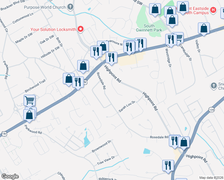 map of restaurants, bars, coffee shops, grocery stores, and more near 3263 Highpoint Court in Snellville