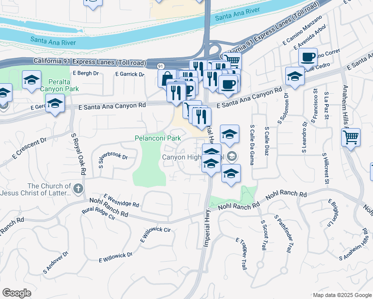 map of restaurants, bars, coffee shops, grocery stores, and more near 5548 East Vista Del Este in Anaheim