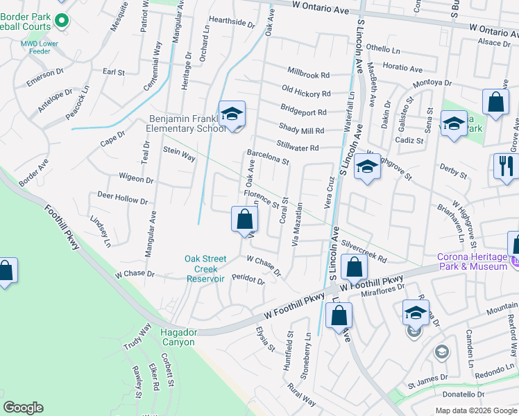 map of restaurants, bars, coffee shops, grocery stores, and more near 3011 Veranda Lane in Corona
