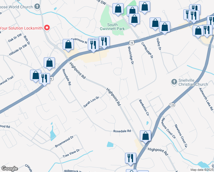 map of restaurants, bars, coffee shops, grocery stores, and more near 2312 Highpoint Road in Snellville