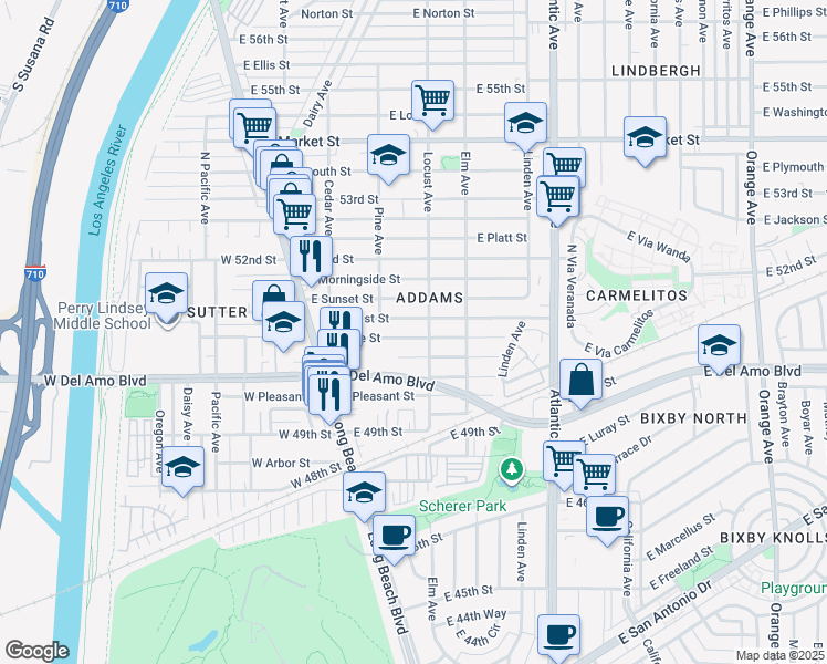 map of restaurants, bars, coffee shops, grocery stores, and more near 235 East Plenty Street in Long Beach