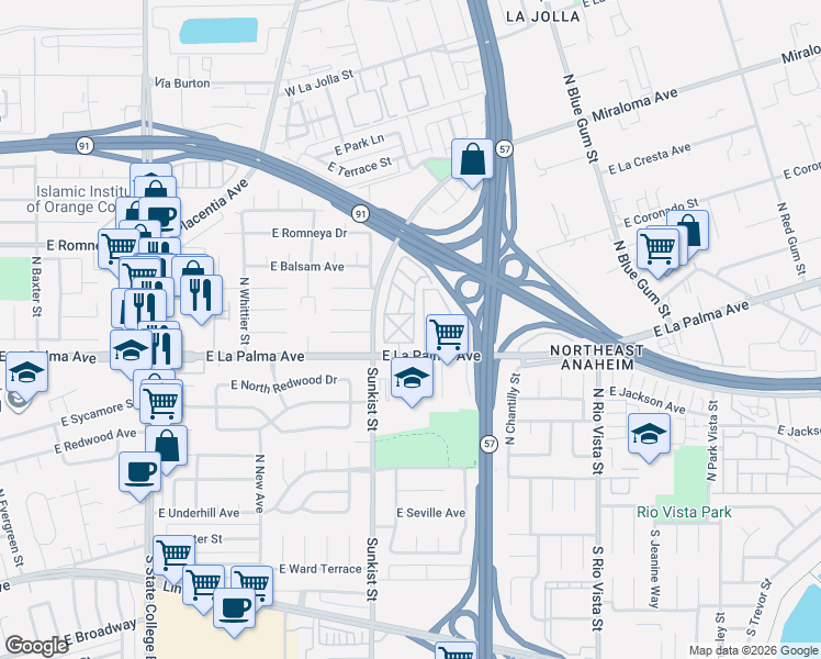 map of restaurants, bars, coffee shops, grocery stores, and more near 2627 East La Palma Avenue in Anaheim