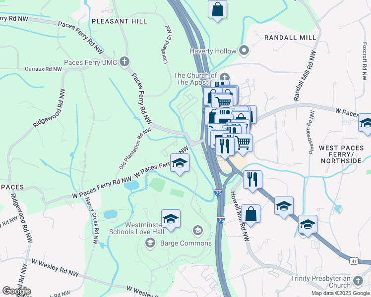 map of restaurants, bars, coffee shops, grocery stores, and more near 1402 West Paces Ferry Road Northwest in Atlanta