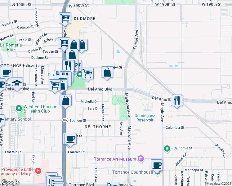 map of restaurants, bars, coffee shops, grocery stores, and more near 3522 Del Amo Boulevard in Torrance