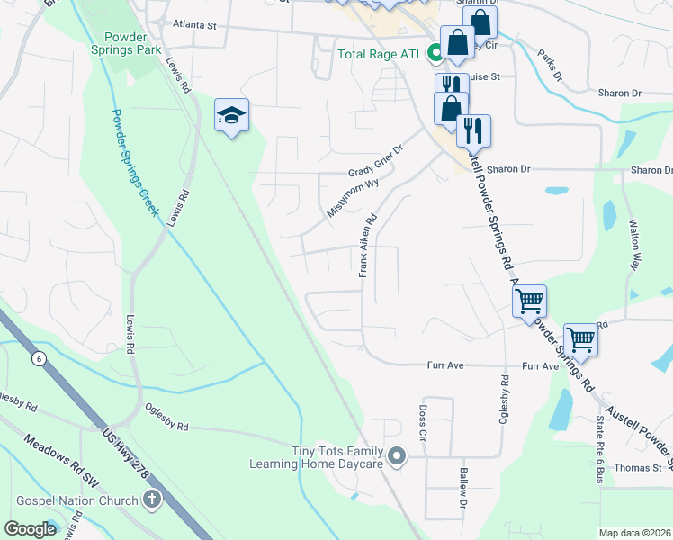 map of restaurants, bars, coffee shops, grocery stores, and more near 4302 Starboard Drive in Powder Springs