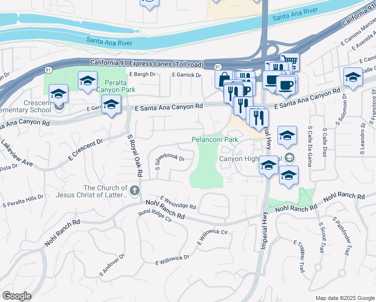 map of restaurants, bars, coffee shops, grocery stores, and more near 399 South Smokeridge Terrace in Anaheim
