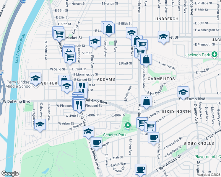 map of restaurants, bars, coffee shops, grocery stores, and more near 333 East Home Street in Long Beach