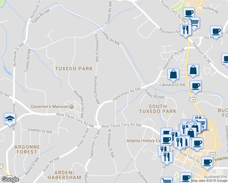 map of restaurants, bars, coffee shops, grocery stores, and more near 3382 Habersham Road Northwest in Atlanta