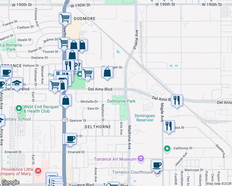 map of restaurants, bars, coffee shops, grocery stores, and more near 3522 Del Amo Boulevard in Torrance