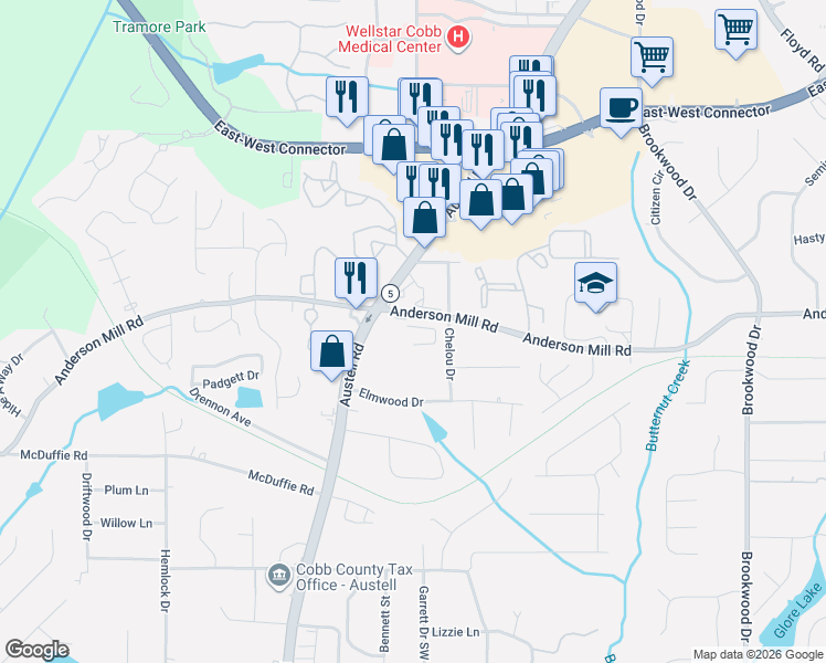 map of restaurants, bars, coffee shops, grocery stores, and more near 1748 Orange Grove Place in Austell