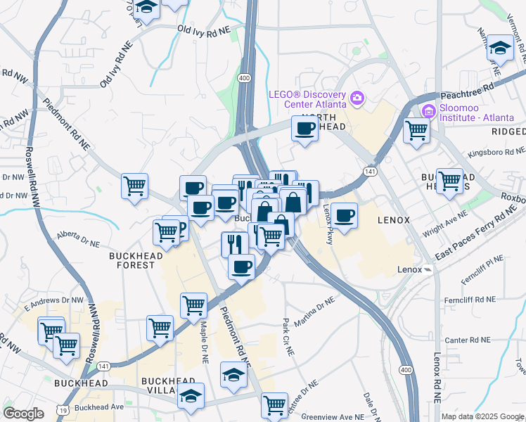 map of restaurants, bars, coffee shops, grocery stores, and more near 3350 Peachtree Road Northeast in Atlanta
